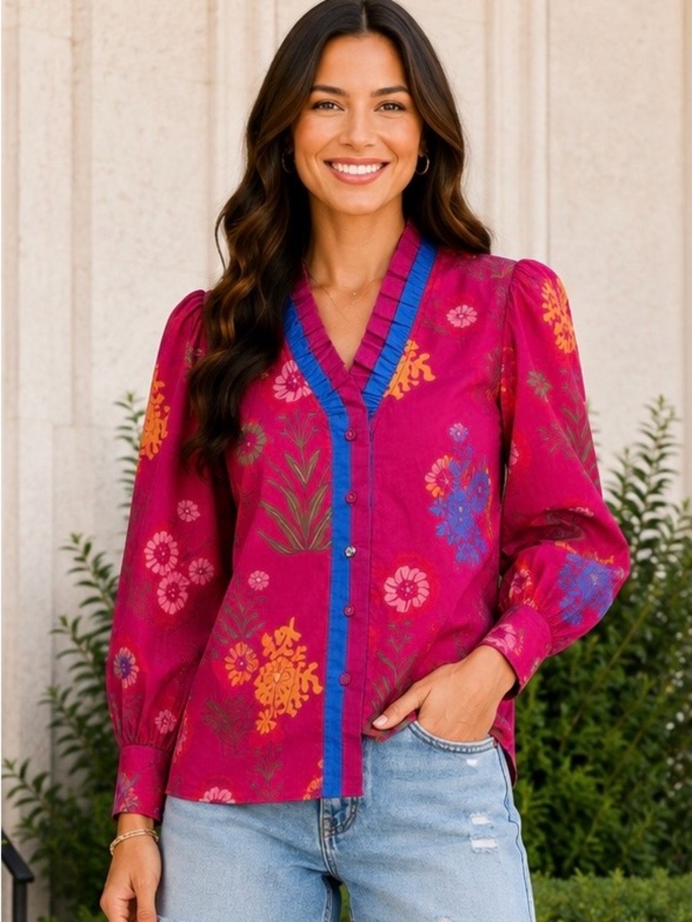 Umgee Vivienne Floral Blouse in Raspberry Size S